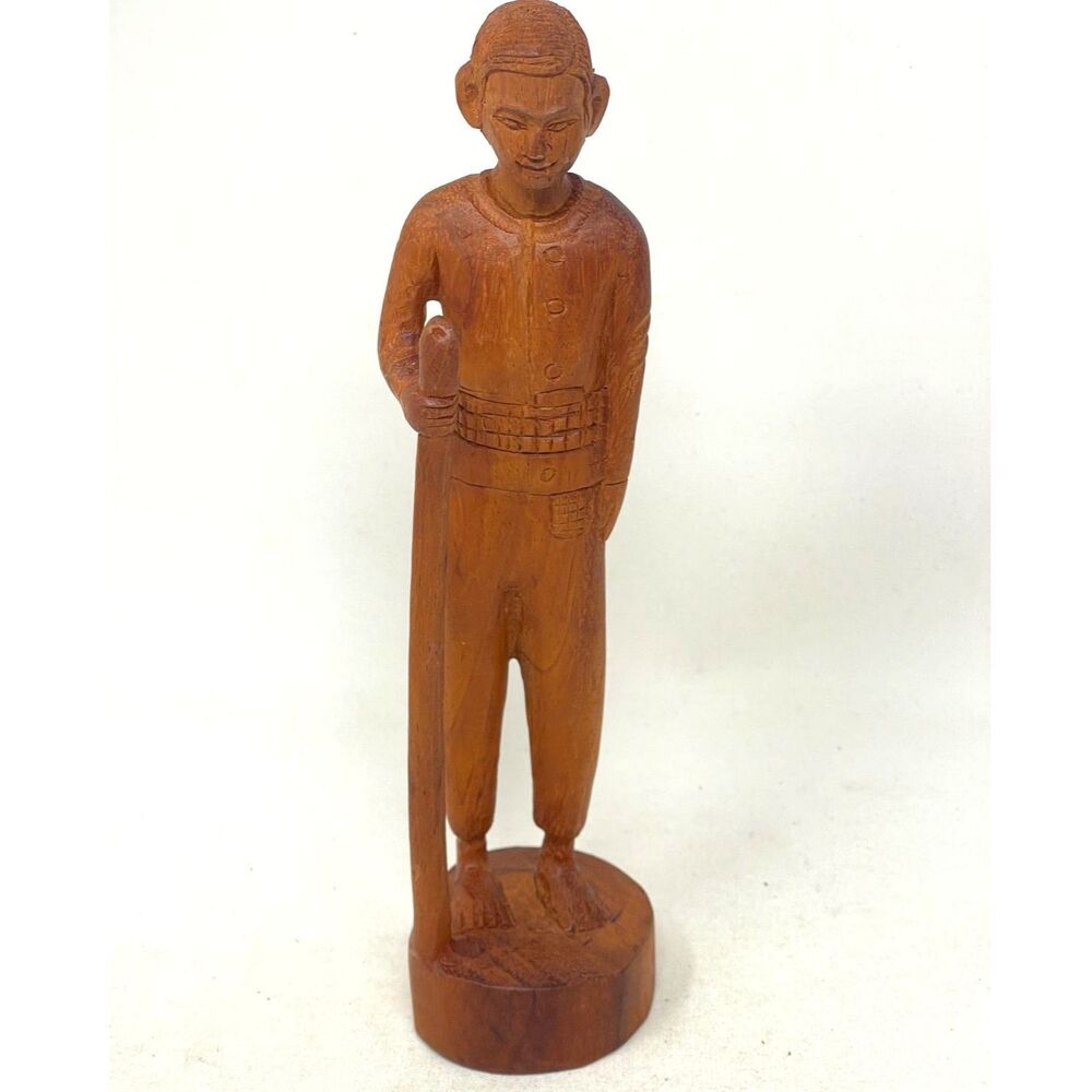 Vintage Hand Carved Thai Buddha Male Shepard 9.5" Wood Statue Standing Figurine.